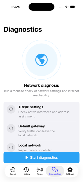 SpeedTest diagnostics screen listing TCP/IP, gateway, local network and other checks