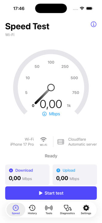 SpeedTest iPhone app showing its open-bottom speed meter