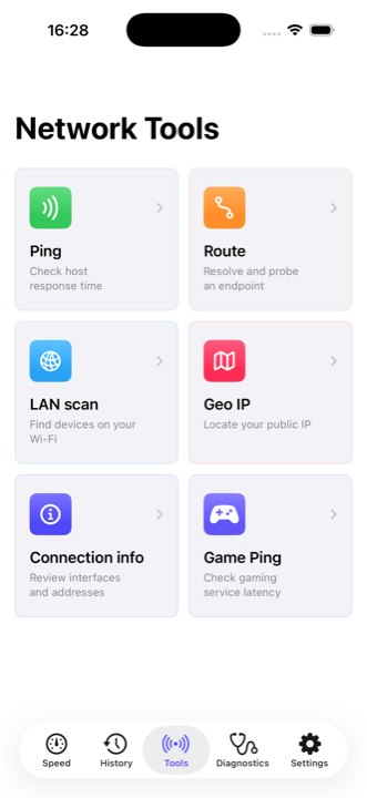 SpeedTest iPhone app showing a grid of six network tools